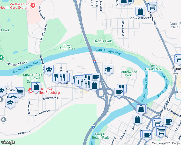 map of restaurants, bars, coffee shops, grocery stores, and more near 820 West Princeton Avenue in Roseburg