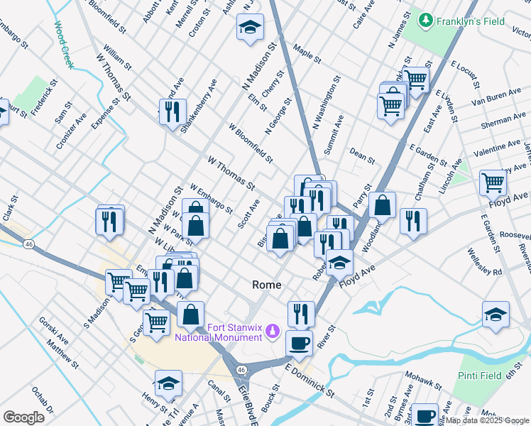 map of restaurants, bars, coffee shops, grocery stores, and more near 201 West Thomas Street in Rome