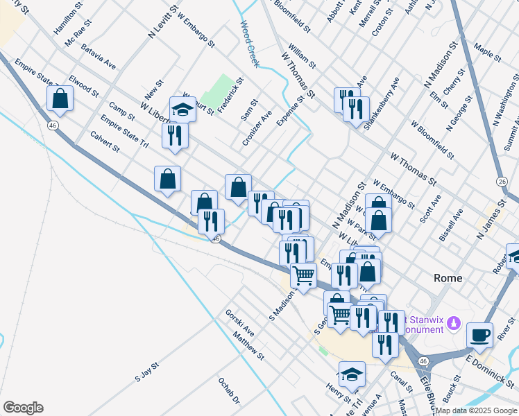 map of restaurants, bars, coffee shops, grocery stores, and more near 100 Kossuth Street in Rome