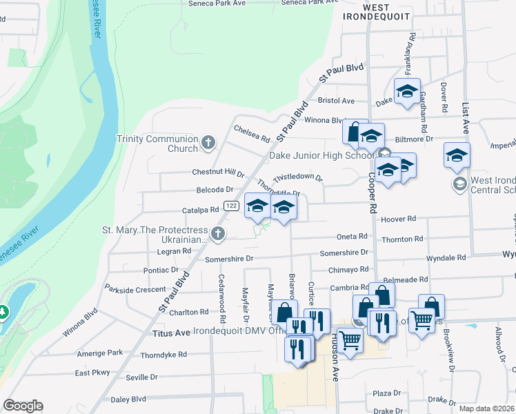 map of restaurants, bars, coffee shops, grocery stores, and more near 35 Thorncliffe Drive in Rochester
