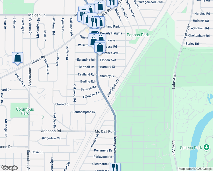 map of restaurants, bars, coffee shops, grocery stores, and more near 55 Bennington Drive in Rochester