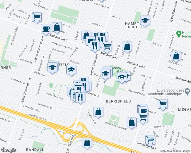 map of restaurants, bars, coffee shops, grocery stores, and more near 3 Muir Avenue in Hamilton