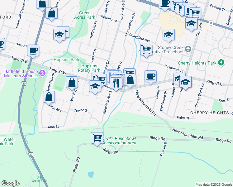 map of restaurants, bars, coffee shops, grocery stores, and more near 38 King Street East in Hamilton