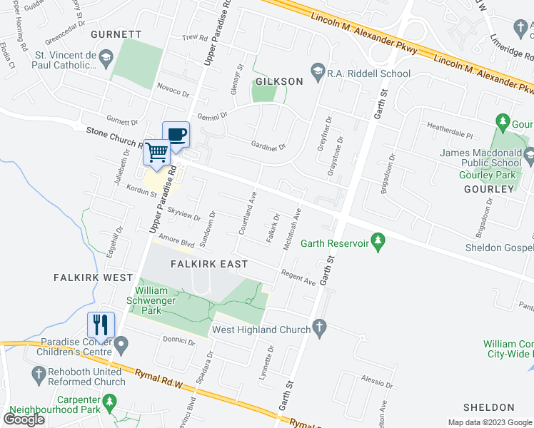 map of restaurants, bars, coffee shops, grocery stores, and more near 31 Maynard Street in Hamilton