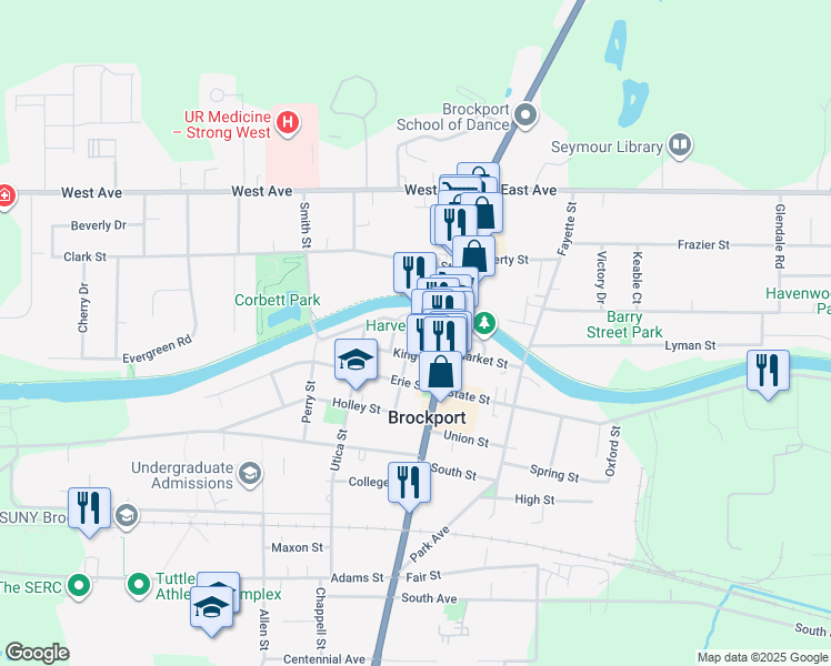 map of restaurants, bars, coffee shops, grocery stores, and more near 23 Clinton Street in Brockport