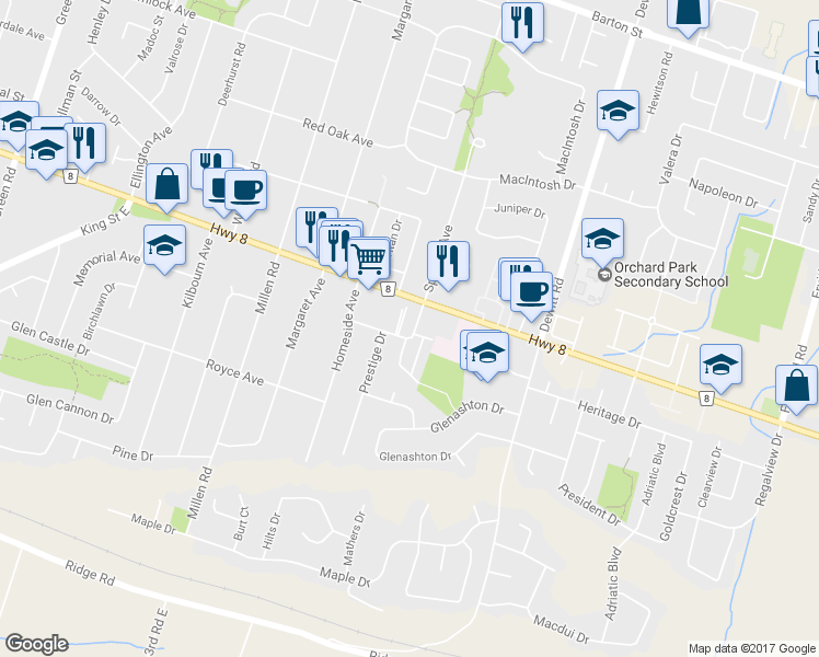 map of restaurants, bars, coffee shops, grocery stores, and more near 47 Dynasty Avenue in Hamilton