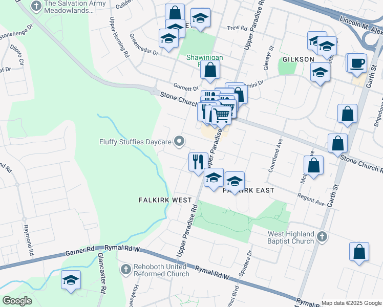 map of restaurants, bars, coffee shops, grocery stores, and more near 7 Woodvalley Court in Hamilton