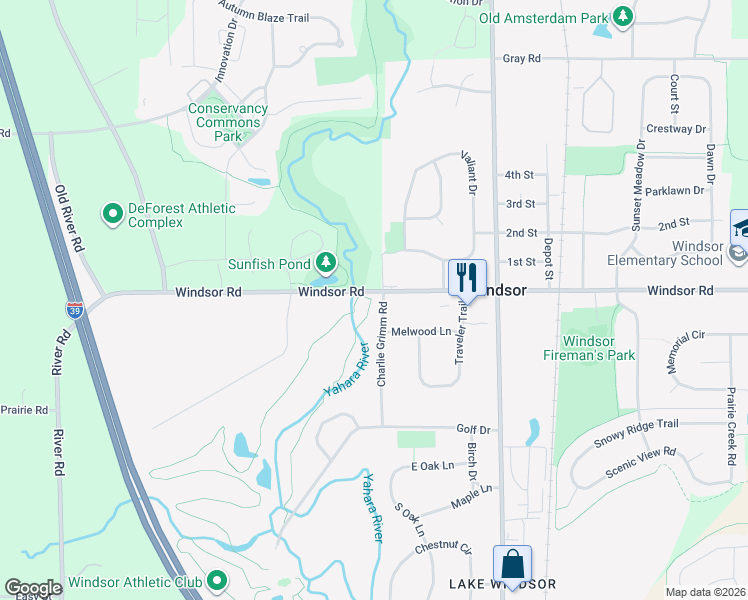 map of restaurants, bars, coffee shops, grocery stores, and more near 4578-4598 Windsor Rd in Dane
