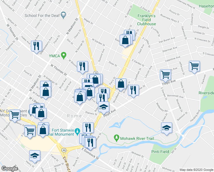 map of restaurants, bars, coffee shops, grocery stores, and more near 119 East Bloomfield Street in Rome