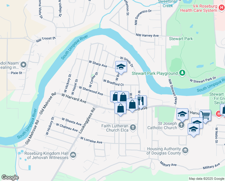 map of restaurants, bars, coffee shops, grocery stores, and more near 2733 West Bradford Court in Roseburg