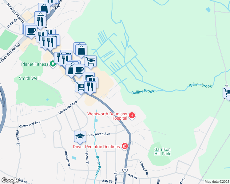 map of restaurants, bars, coffee shops, grocery stores, and more near 7 Hall Street in Dover