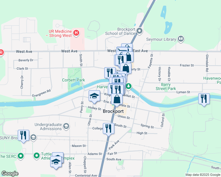 map of restaurants, bars, coffee shops, grocery stores, and more near 38 Merchant Street in Brockport