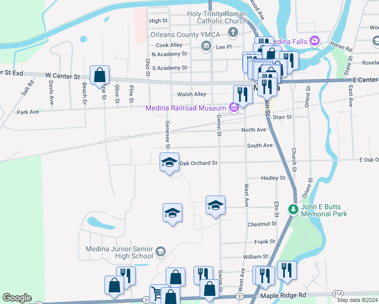 map of restaurants, bars, coffee shops, grocery stores, and more near 332 South Avenue in Medina