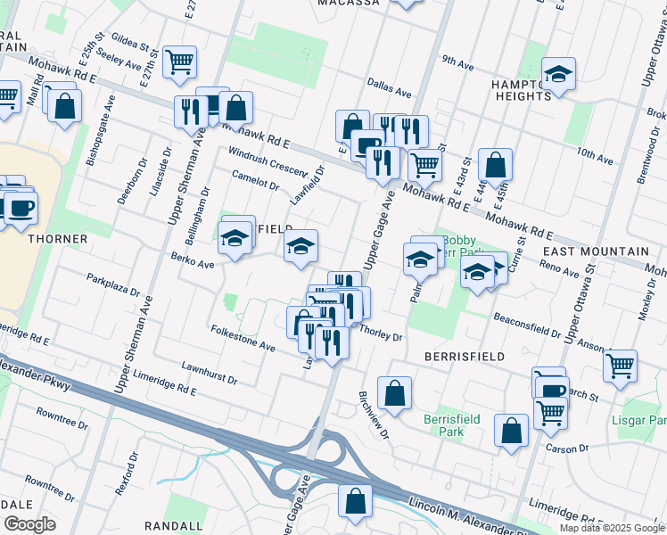 map of restaurants, bars, coffee shops, grocery stores, and more near 214 Berko Avenue in Hamilton