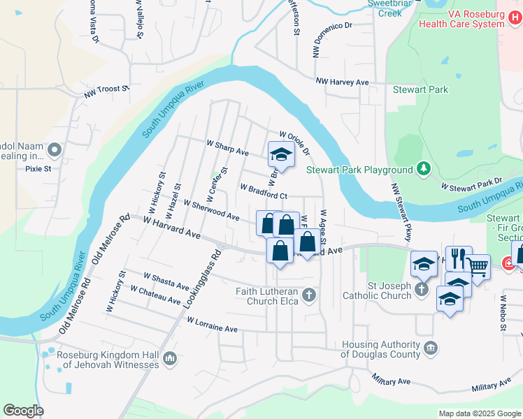 map of restaurants, bars, coffee shops, grocery stores, and more near 2733 West Bradford Court in Roseburg