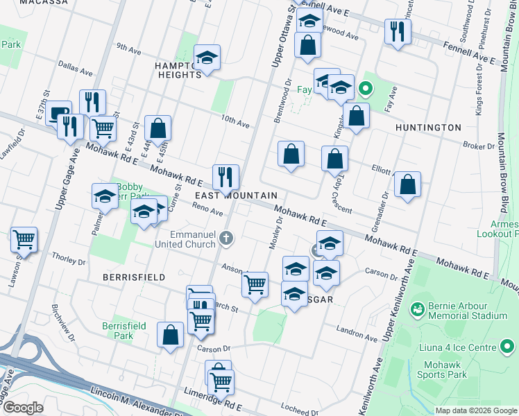 map of restaurants, bars, coffee shops, grocery stores, and more near in Hamilton