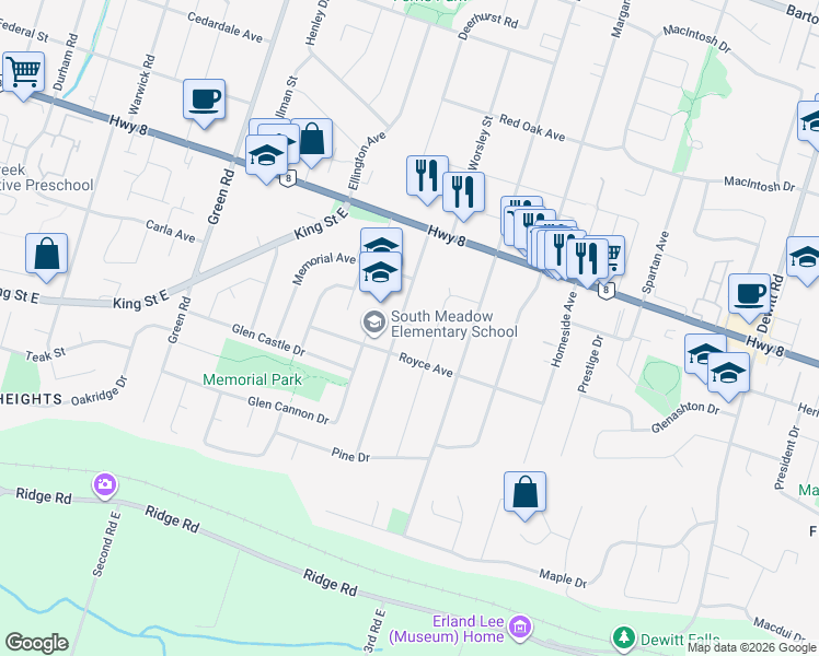 map of restaurants, bars, coffee shops, grocery stores, and more near 58 Kilbourn Avenue in Hamilton