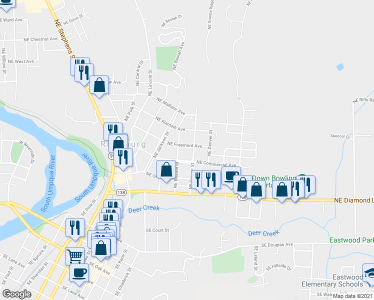 map of restaurants, bars, coffee shops, grocery stores, and more near 1741 Northeast Freemont Avenue in Roseburg