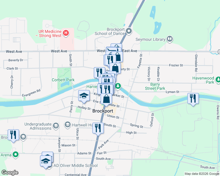 map of restaurants, bars, coffee shops, grocery stores, and more near 1 Main Street South in Brockport