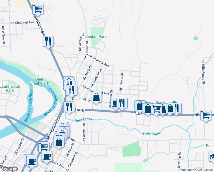 map of restaurants, bars, coffee shops, grocery stores, and more near 1731 Northeast Freemont Avenue in Roseburg