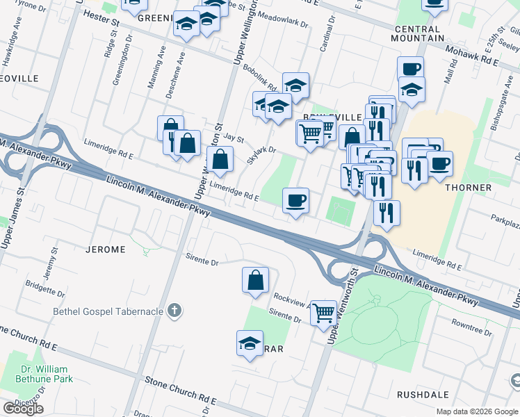 map of restaurants, bars, coffee shops, grocery stores, and more near 300 Limeridge Road East in Hamilton