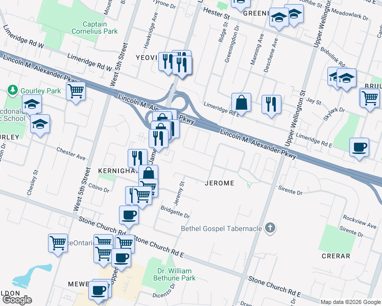 map of restaurants, bars, coffee shops, grocery stores, and more near 60 Chartwell Circle in Hamilton
