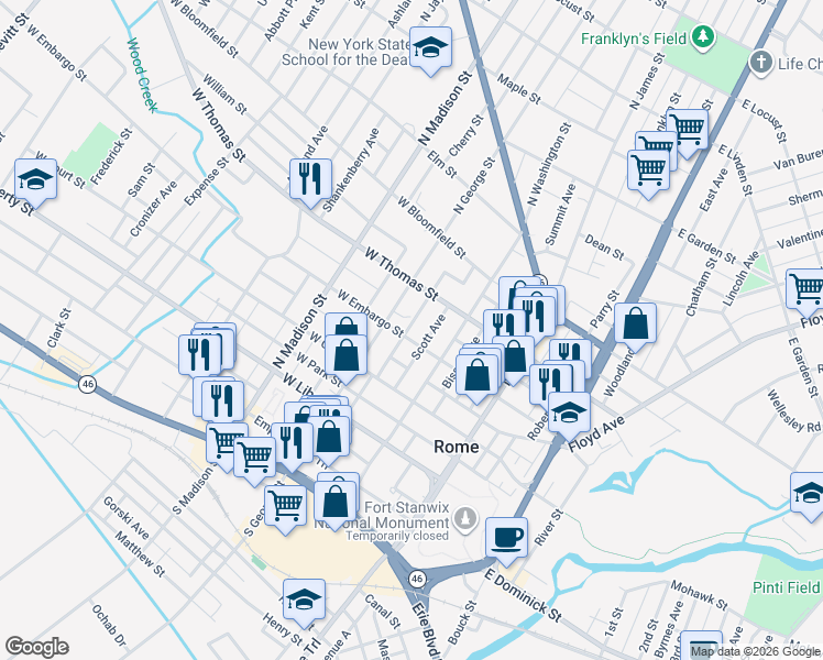 map of restaurants, bars, coffee shops, grocery stores, and more near 408 Brush Avenue in Rome