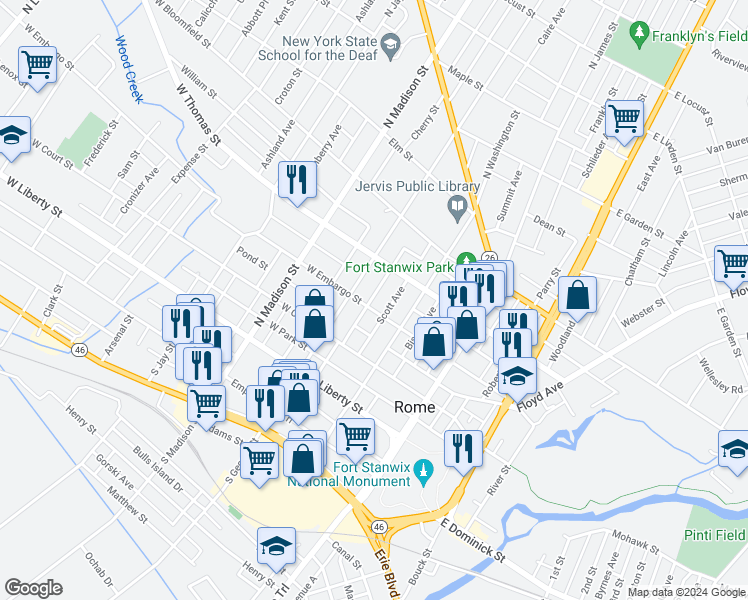 map of restaurants, bars, coffee shops, grocery stores, and more near 210 West Embargo Street in Rome