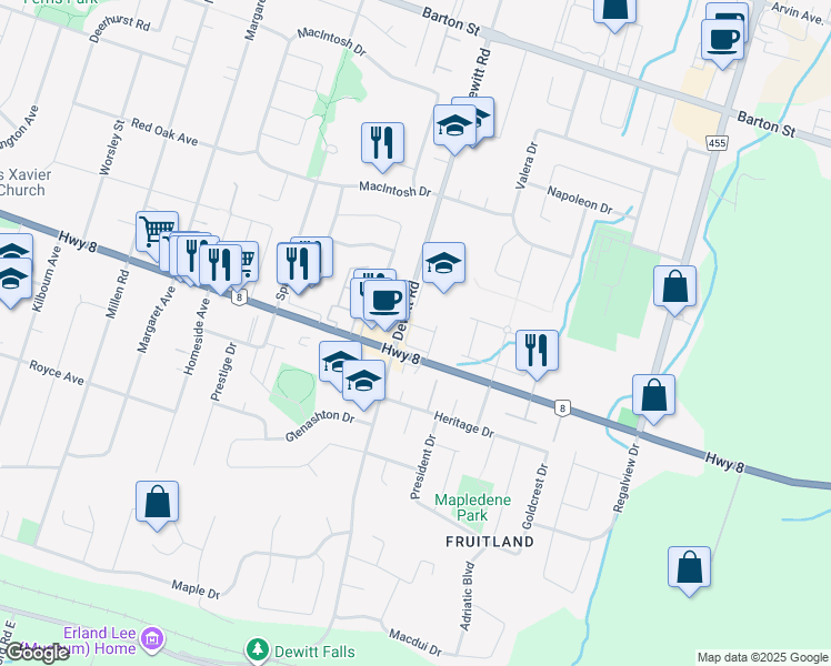 map of restaurants, bars, coffee shops, grocery stores, and more near 170 Dewitt Road in Hamilton