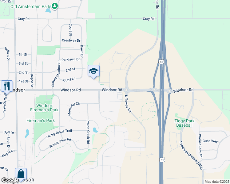 map of restaurants, bars, coffee shops, grocery stores, and more near 4307 Windsor Road in Windsor