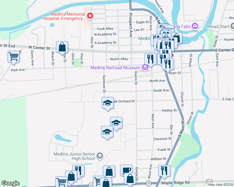 map of restaurants, bars, coffee shops, grocery stores, and more near 341 South Avenue in Medina