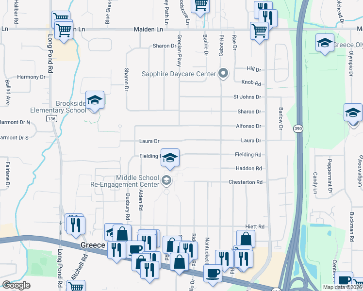 map of restaurants, bars, coffee shops, grocery stores, and more near 253 Laura Drive in Rochester
