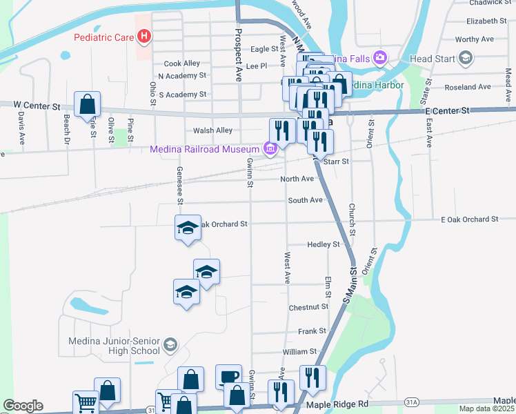 map of restaurants, bars, coffee shops, grocery stores, and more near 218 South Avenue in Medina