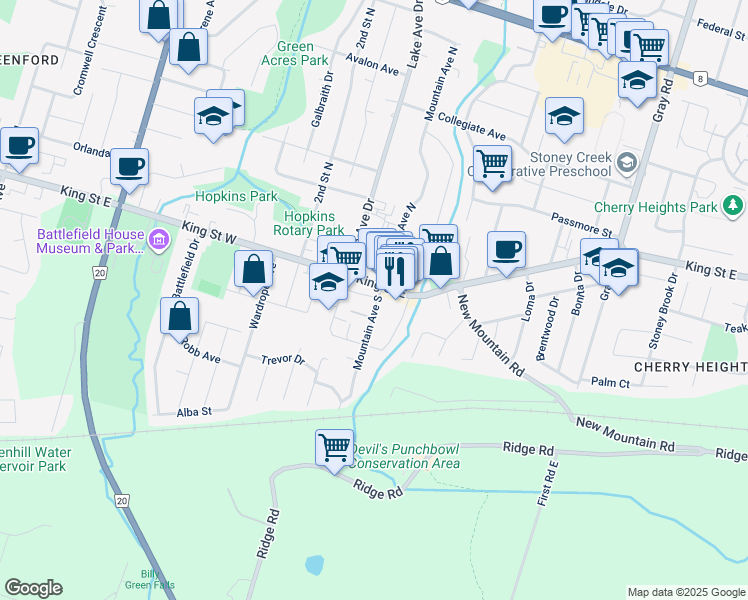 map of restaurants, bars, coffee shops, grocery stores, and more near 38 King Street East in Hamilton