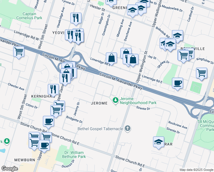 map of restaurants, bars, coffee shops, grocery stores, and more near 22 Colin Crescent in Hamilton