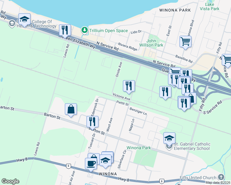 map of restaurants, bars, coffee shops, grocery stores, and more near 8 Oriole Avenue in Hamilton