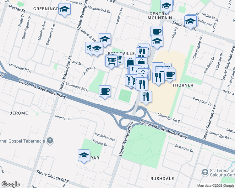 map of restaurants, bars, coffee shops, grocery stores, and more near 22 Titmouse Court in Hamilton
