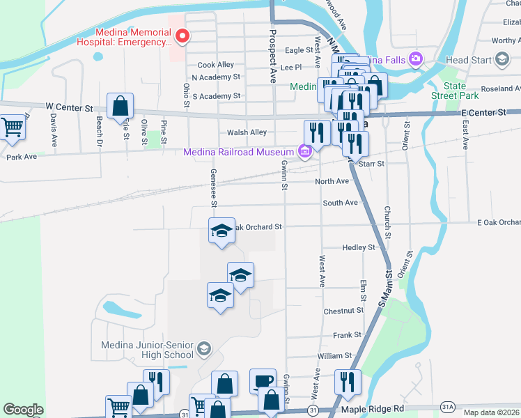 map of restaurants, bars, coffee shops, grocery stores, and more near 325 South Avenue in Medina