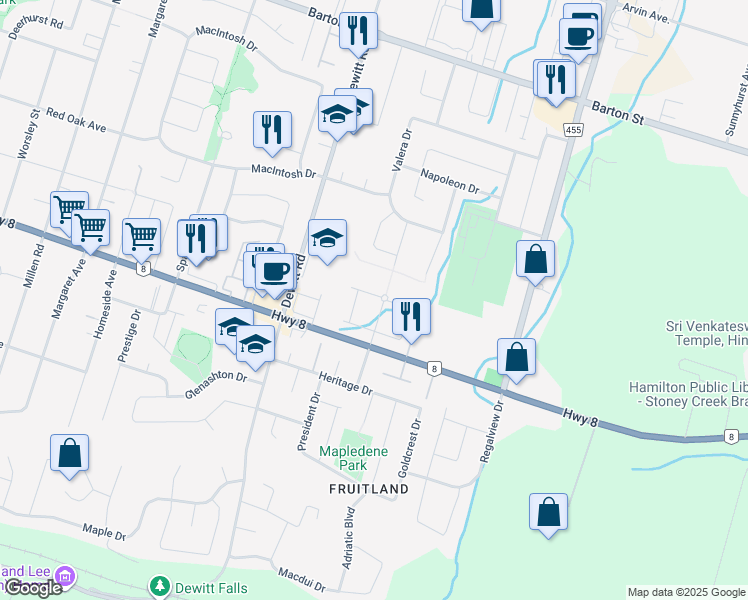 map of restaurants, bars, coffee shops, grocery stores, and more near 1 Royalwood Court in Hamilton