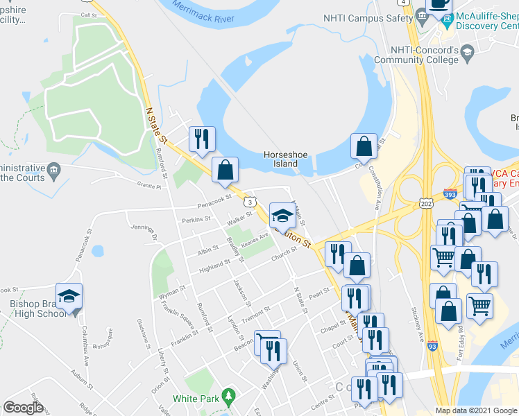 map of restaurants, bars, coffee shops, grocery stores, and more near 126 North State Street in Concord
