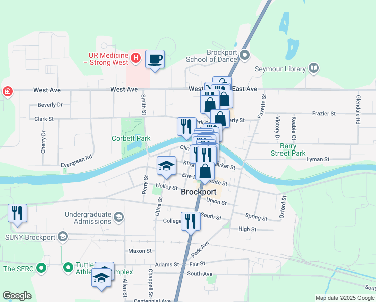 map of restaurants, bars, coffee shops, grocery stores, and more near 38 Merchant Street in Brockport