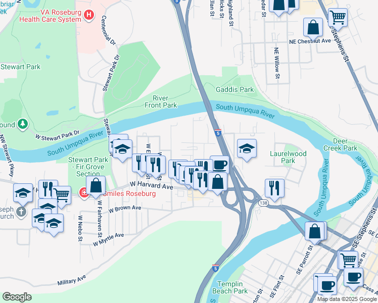 map of restaurants, bars, coffee shops, grocery stores, and more near 516 West Umpqua Street in Roseburg