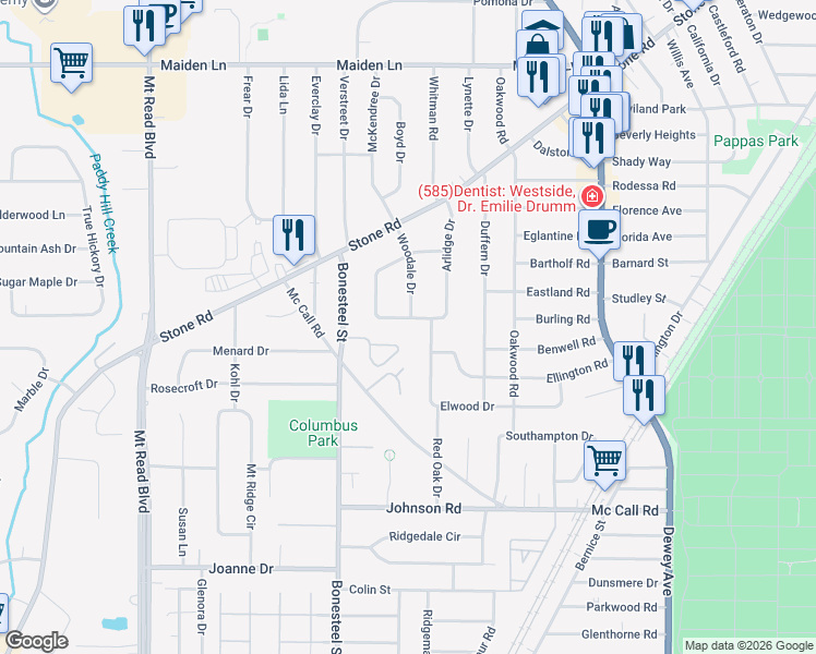 map of restaurants, bars, coffee shops, grocery stores, and more near 223 Arlidge Drive in Rochester