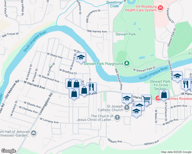map of restaurants, bars, coffee shops, grocery stores, and more near 412 West Myrtlewood Court in Roseburg