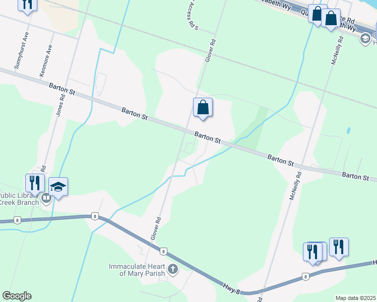 map of restaurants, bars, coffee shops, grocery stores, and more near 288 Glover Road in Hamilton