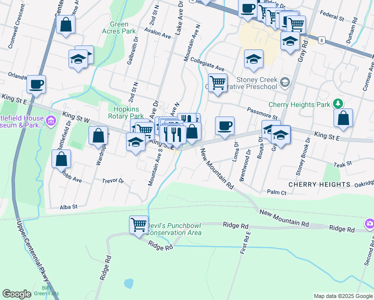 map of restaurants, bars, coffee shops, grocery stores, and more near 60 King Street East in Hamilton