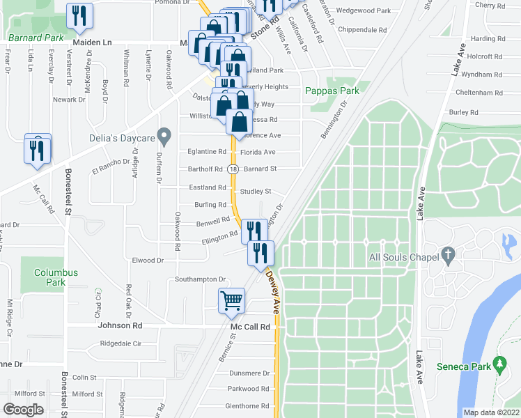 map of restaurants, bars, coffee shops, grocery stores, and more near 55 Bennington Drive in Rochester