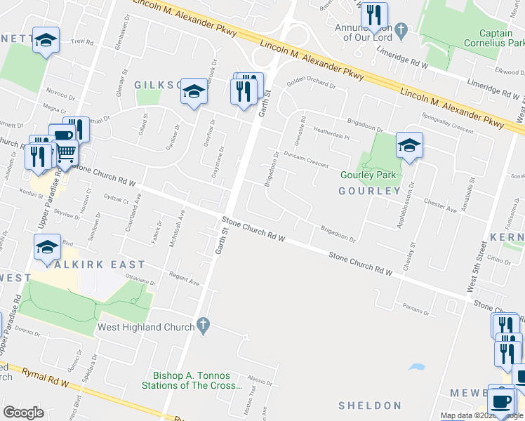map of restaurants, bars, coffee shops, grocery stores, and more near 85 Gledhill Crescent in Hamilton