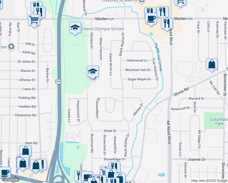 map of restaurants, bars, coffee shops, grocery stores, and more near 312 Sweet Birch Lane in Rochester