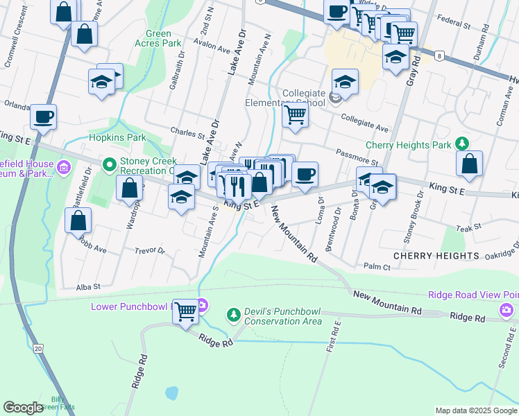 map of restaurants, bars, coffee shops, grocery stores, and more near 21 Jones Street in Hamilton